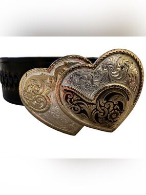 MONTANA SILVERSMITH Vintage Western Double Heart Belt Buckle Black Leather Belt